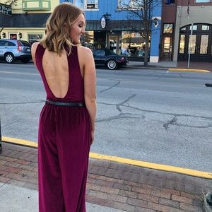 Burgundy Ribbed Velvet Backless Jumpsuit